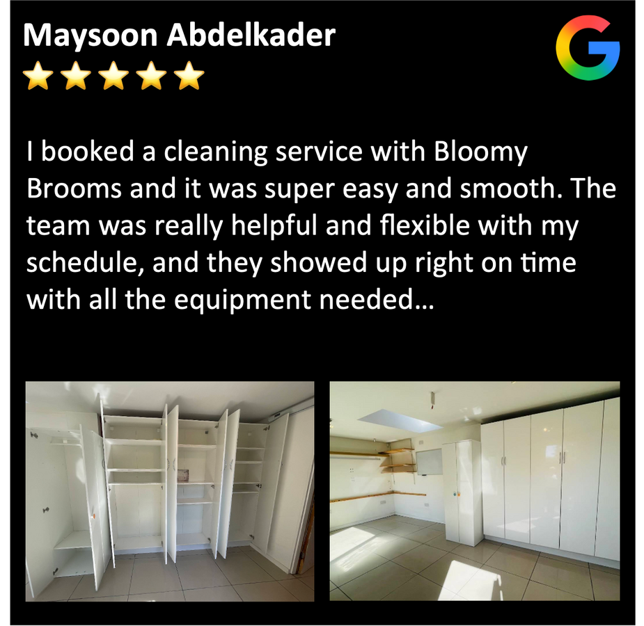 Annex cleaning Cleaning review: I booked a cleaning service with Bloomy Brooms and it was super easy and smooth. The team was really helpful and flexible with my schedule, and they showed up right on time with all the equipment needed...